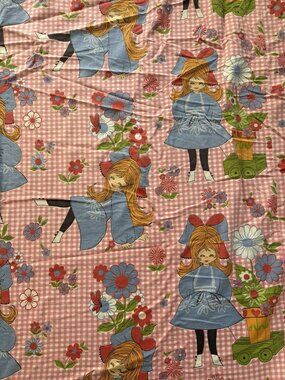 Vintage 1960s Gingham Floral Pink 100” X 73” Hippie Girly Fabric Blanket Sheet